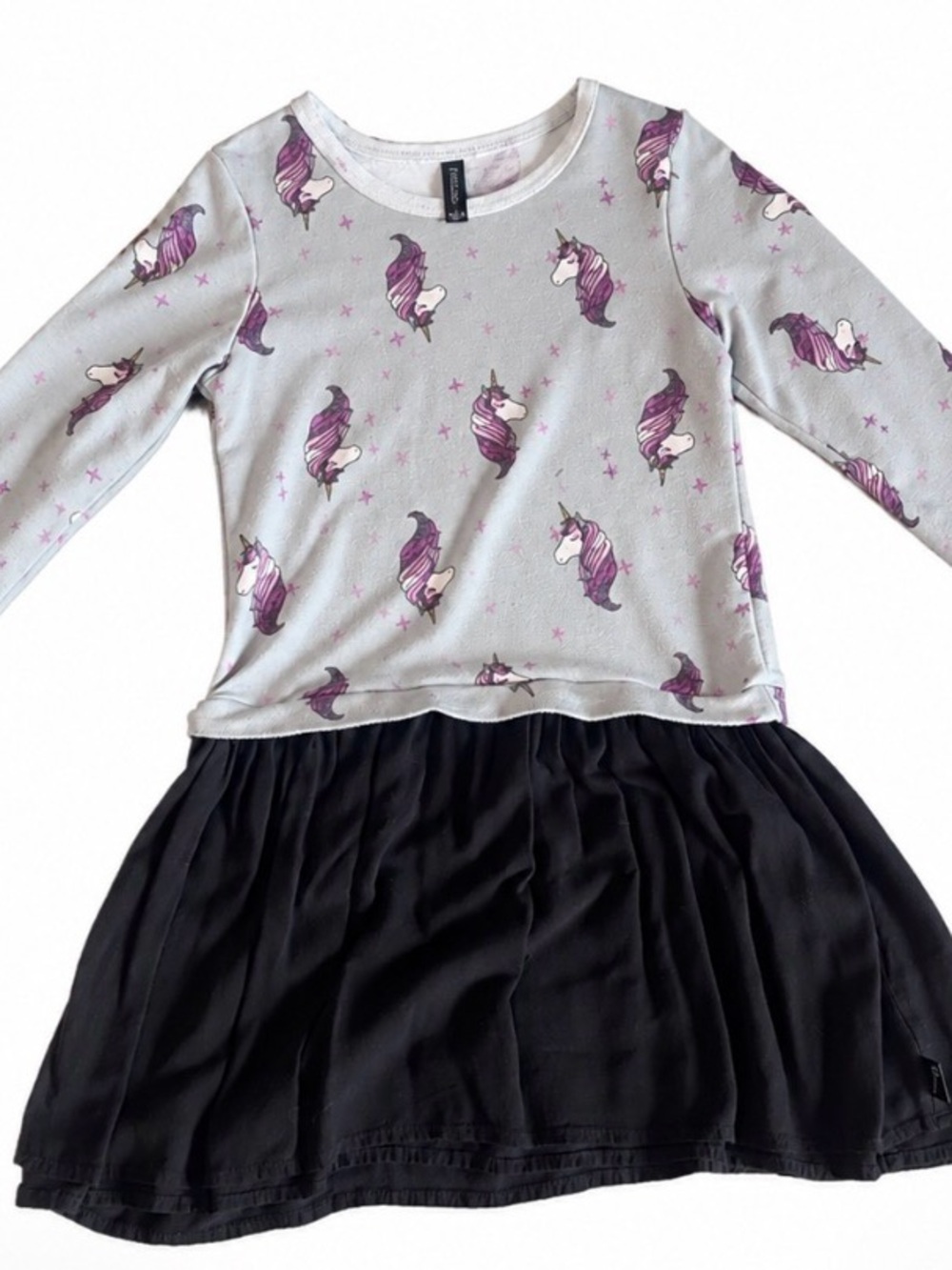 Unicorn Print Long Sleeve Kids Dress - Purple/Light Gray
